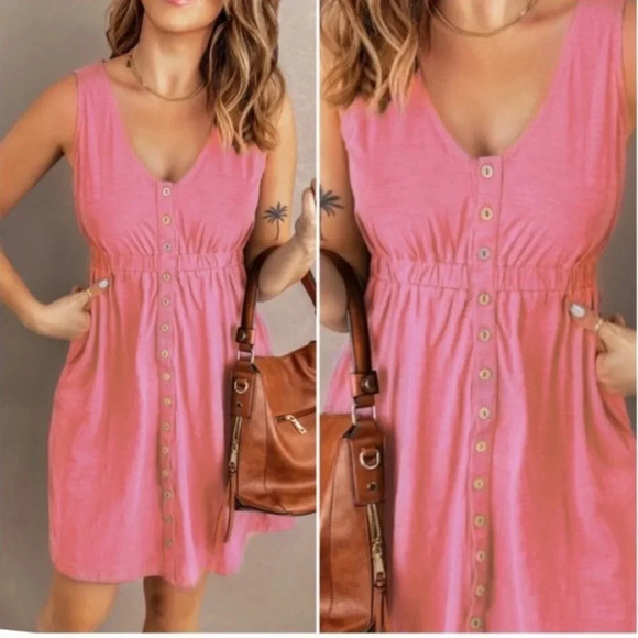 Pink Button Front Mini Dress | Sleeveless Casual Summer Dress - Picture 3 of 4